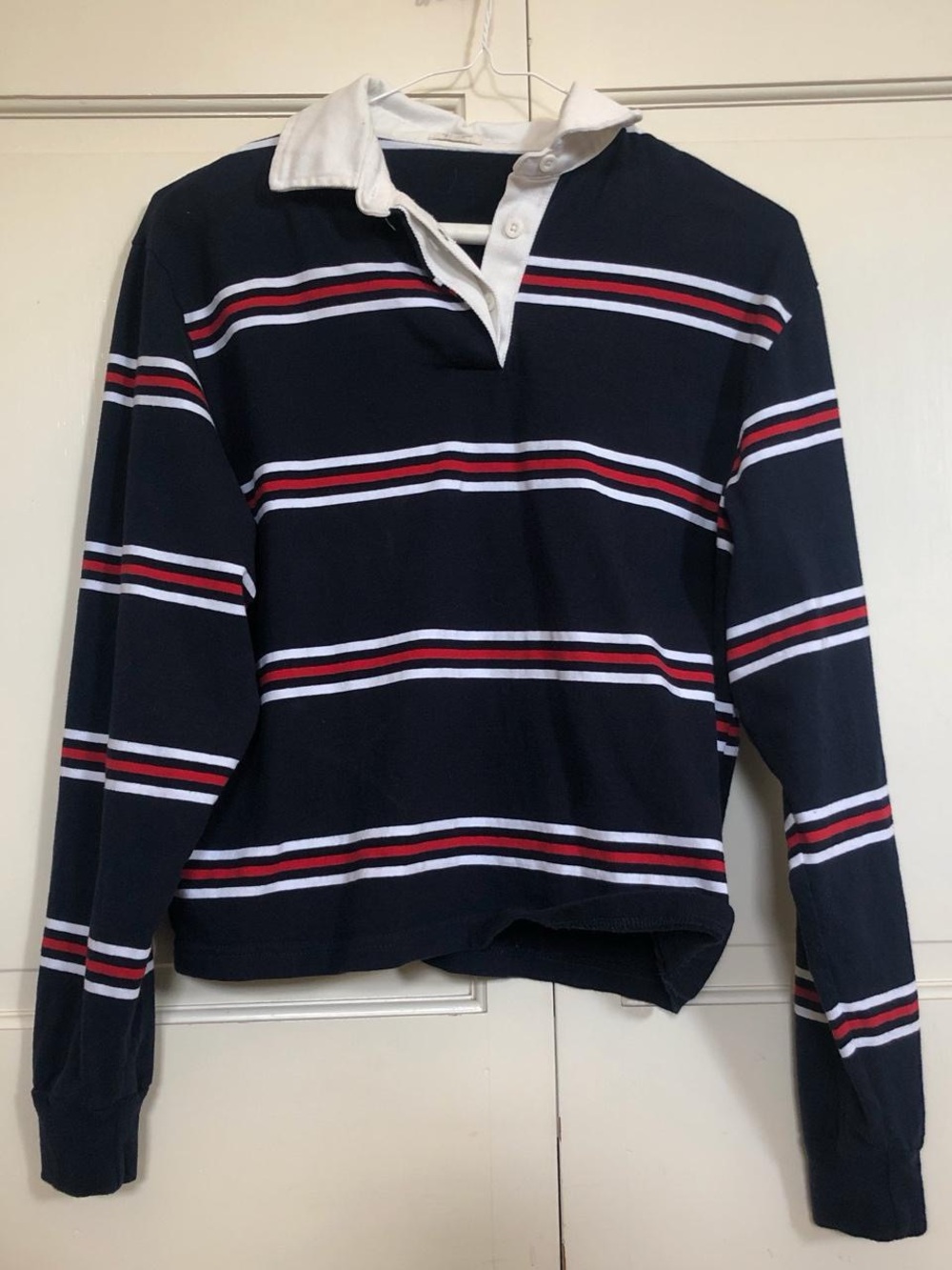 4th of July John Galt Navy Stripe Rugby Knit Sweater with White Collar